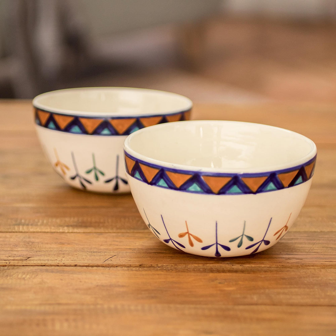 Ceramic Hand Painted Soup Bowls with Geometric Design (Pair) - Antigua Breeze