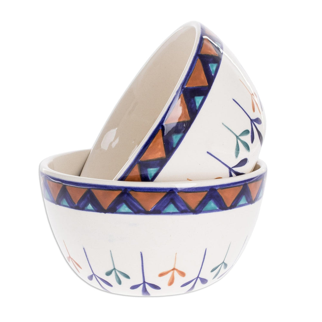 Ceramic Hand Painted Soup Bowls with Geometric Design (Pair) - Antigua Breeze