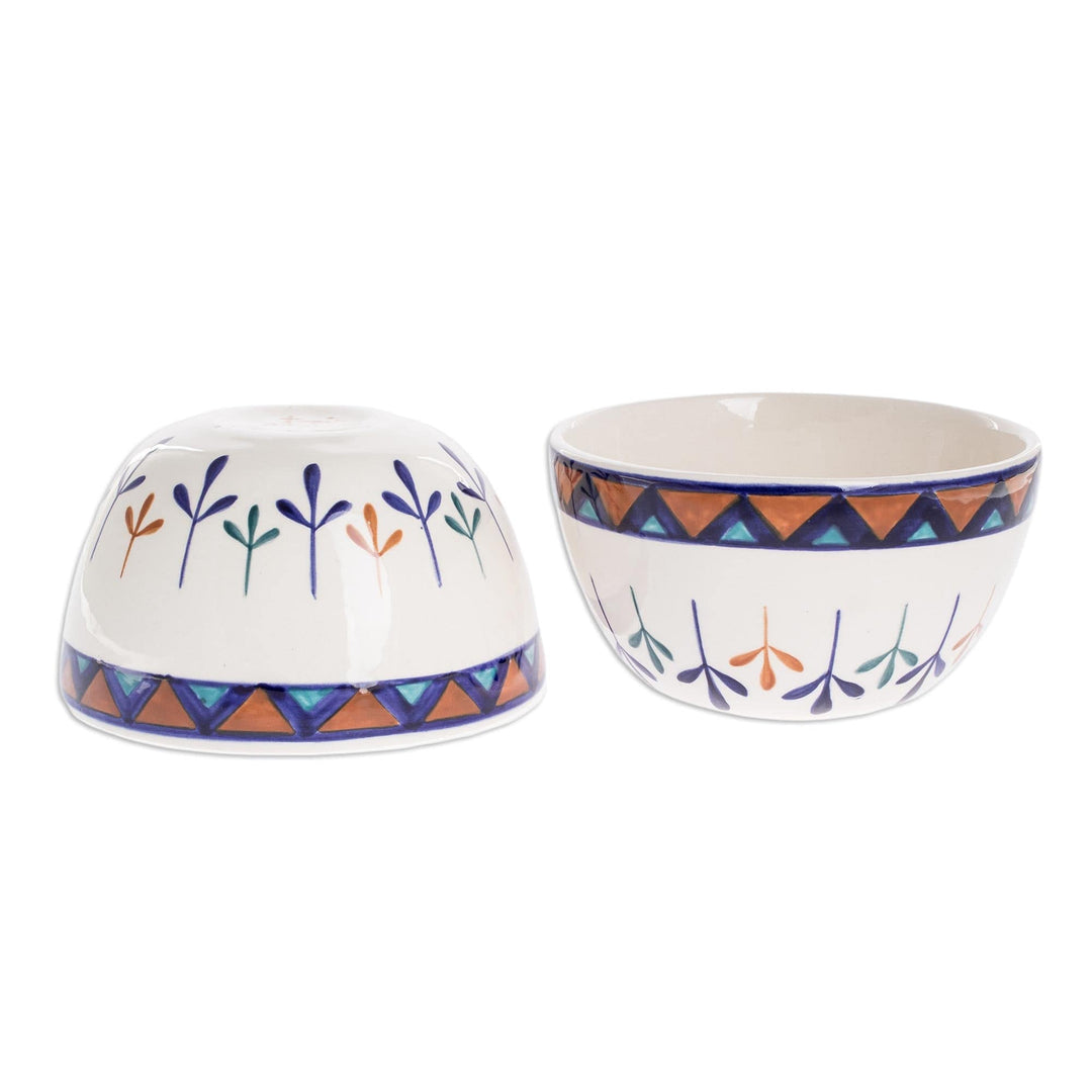 Ceramic Hand Painted Soup Bowls with Geometric Design (Pair) - Antigua Breeze