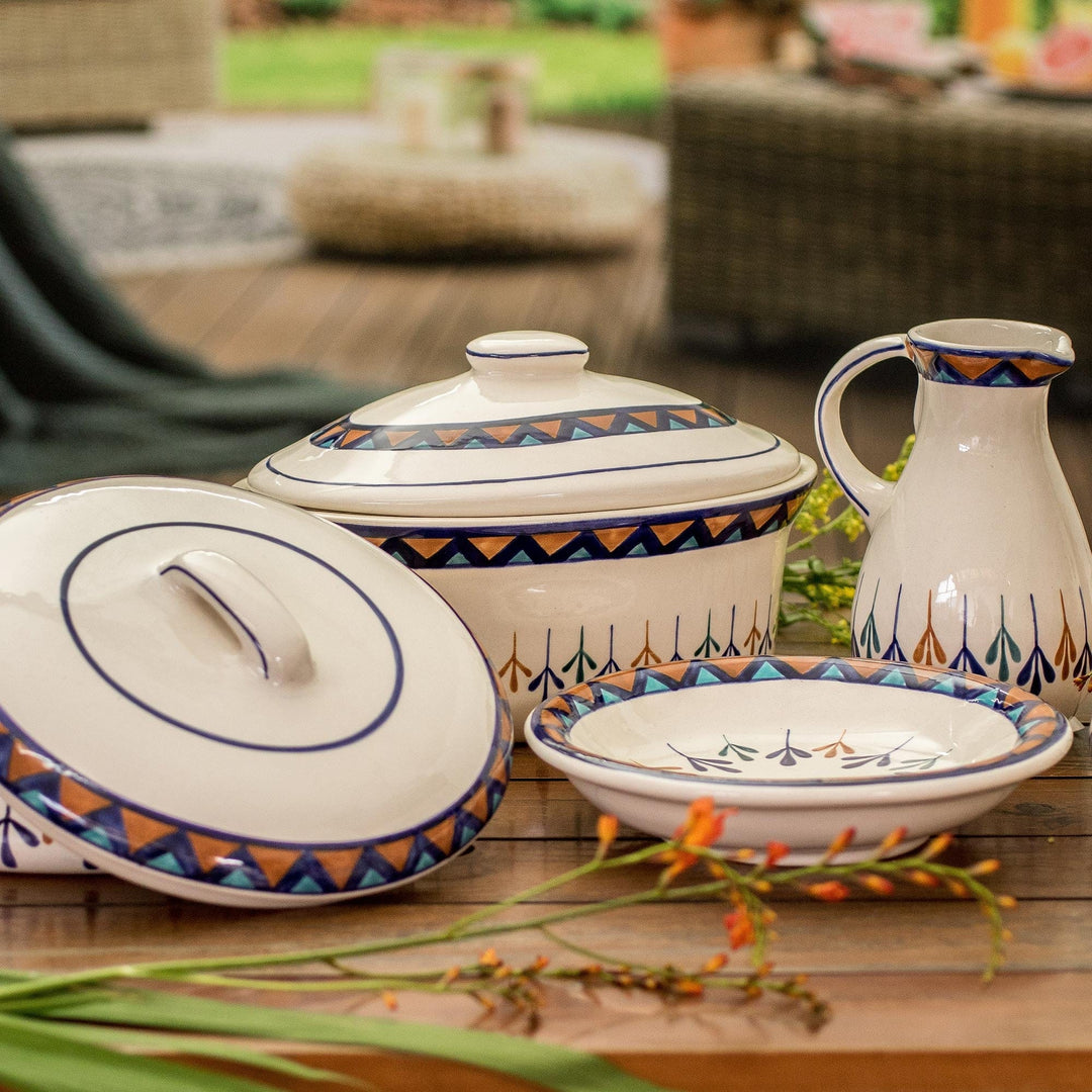 Ceramic Hand Painted Covered Oval Casserole Geometric Motif - Antigua Breeze