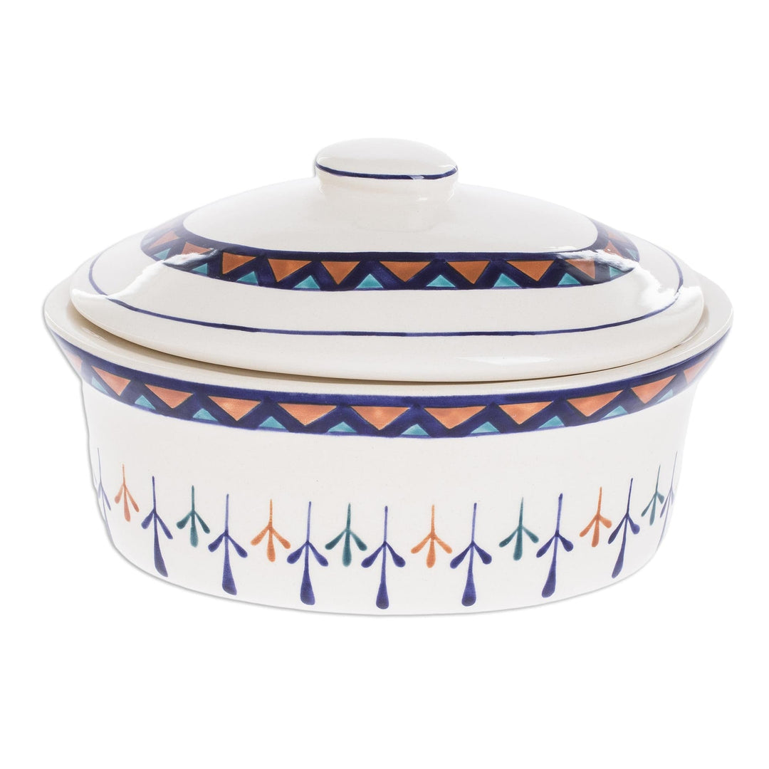 Ceramic Hand Painted Covered Oval Casserole Geometric Motif - Antigua Breeze