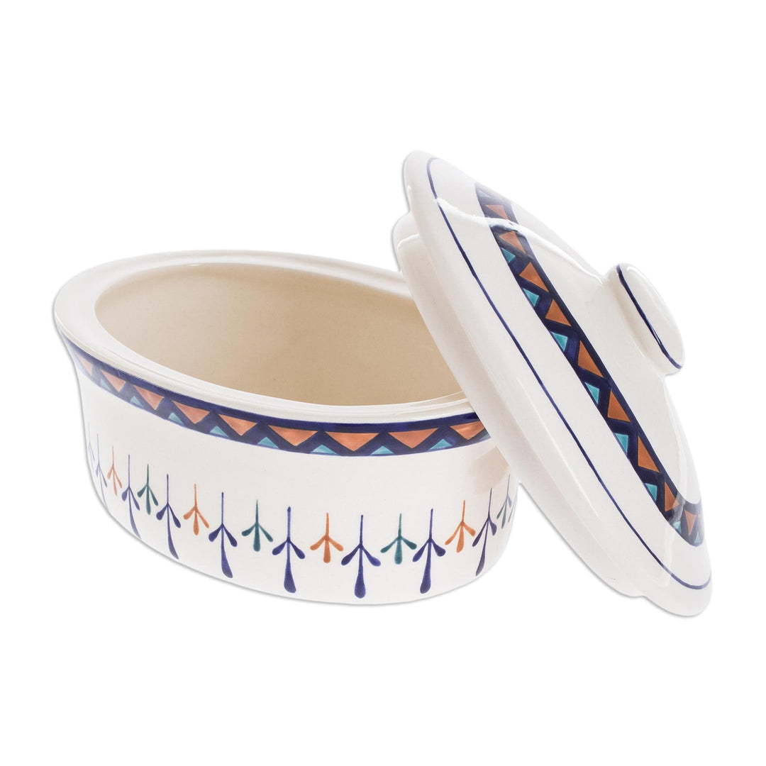 Ceramic Hand Painted Covered Oval Casserole Geometric Motif - Antigua Breeze