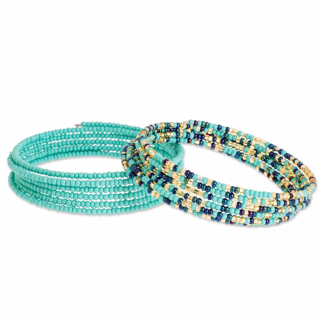 Glass Beaded Bracelets in Aqua and Other Colors (Pair) - Aqua Spirals