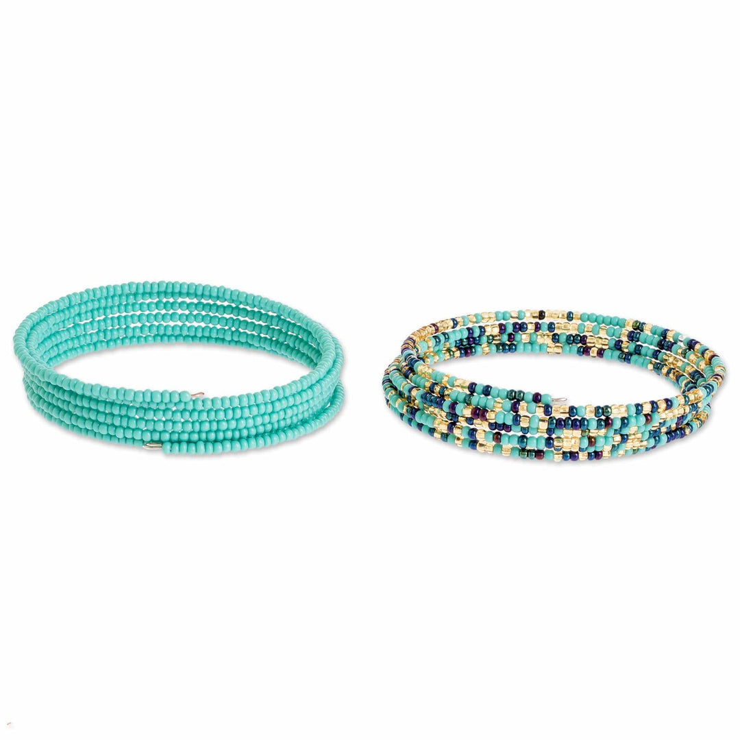 Glass Beaded Bracelets in Aqua and Other Colors (Pair) - Aqua Spirals