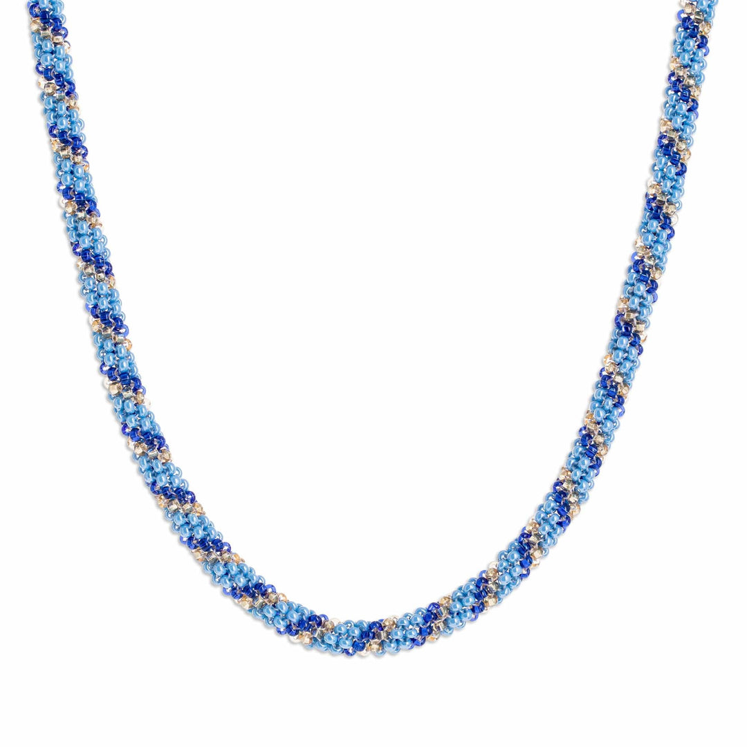 Blue Beaded Glass Long Strand Necklace - Sea Stripes