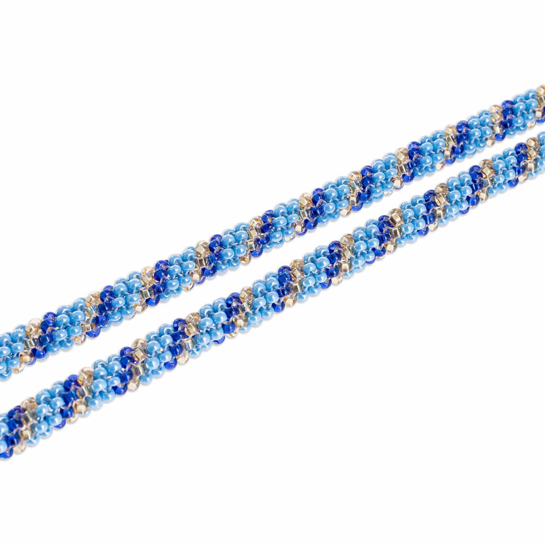 Blue Beaded Glass Long Strand Necklace - Sea Stripes