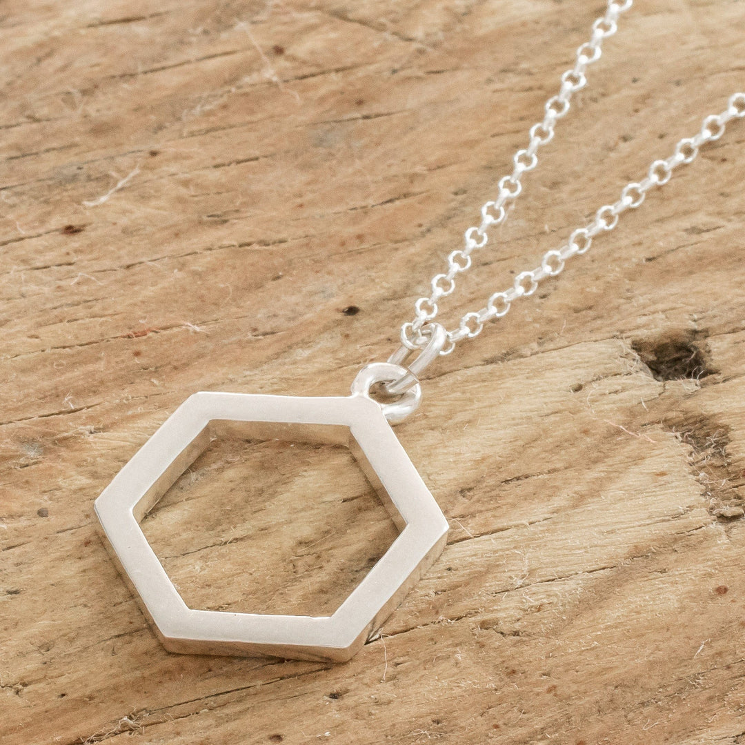 Sterling Silver Hexagon Pendant Necklace from Costa Rica - Hexagon