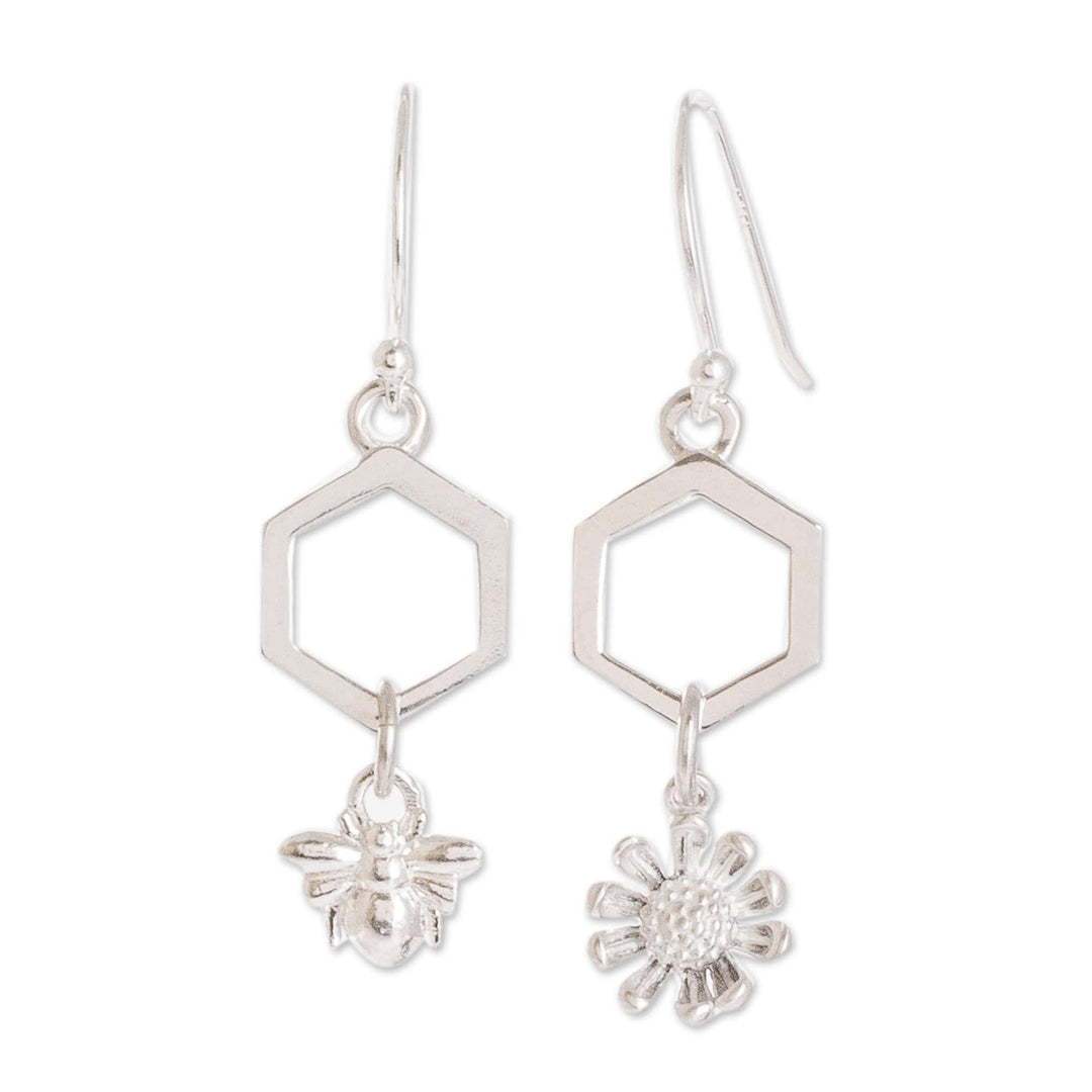 Costa Rican Sterling Silver Bee and Flower Dangle Earrings - Honeycomb Flower