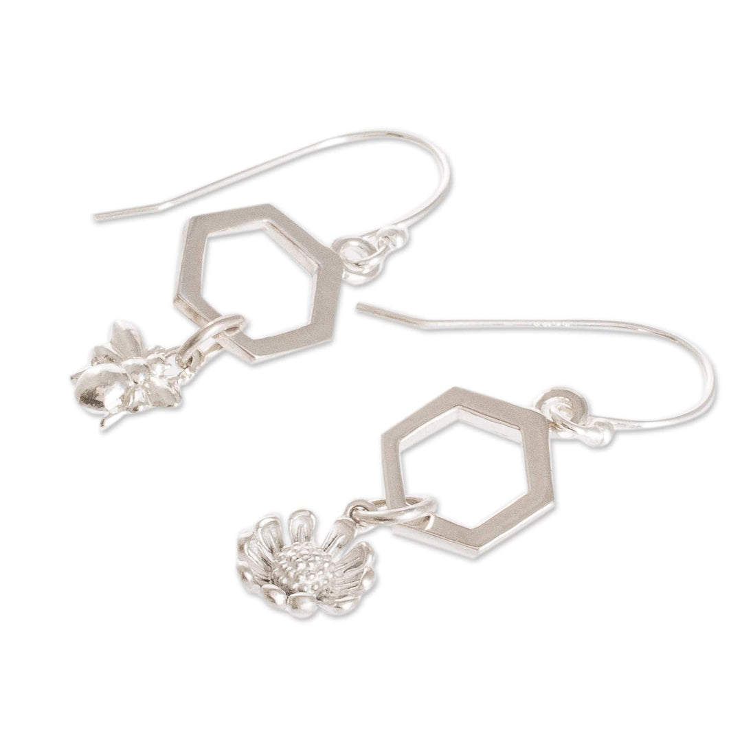 Costa Rican Sterling Silver Bee and Flower Dangle Earrings - Honeycomb Flower