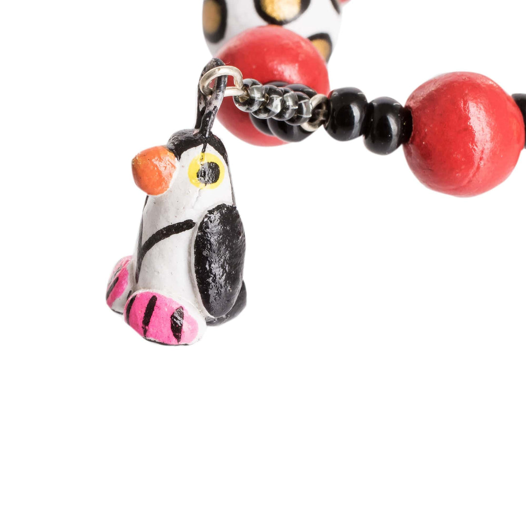 Handcrafted Ceramic Beaded Stretch Bracelet with Penguins - Dangling Penguins