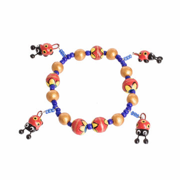 Handcrafted Ceramic Beaded Stretch Bracelet with Ladybugs - Cheerful Ladybugs