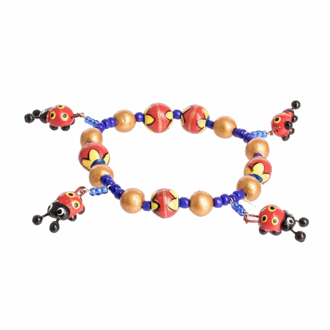 Handcrafted Ceramic Beaded Stretch Bracelet with Ladybugs - Cheerful Ladybugs