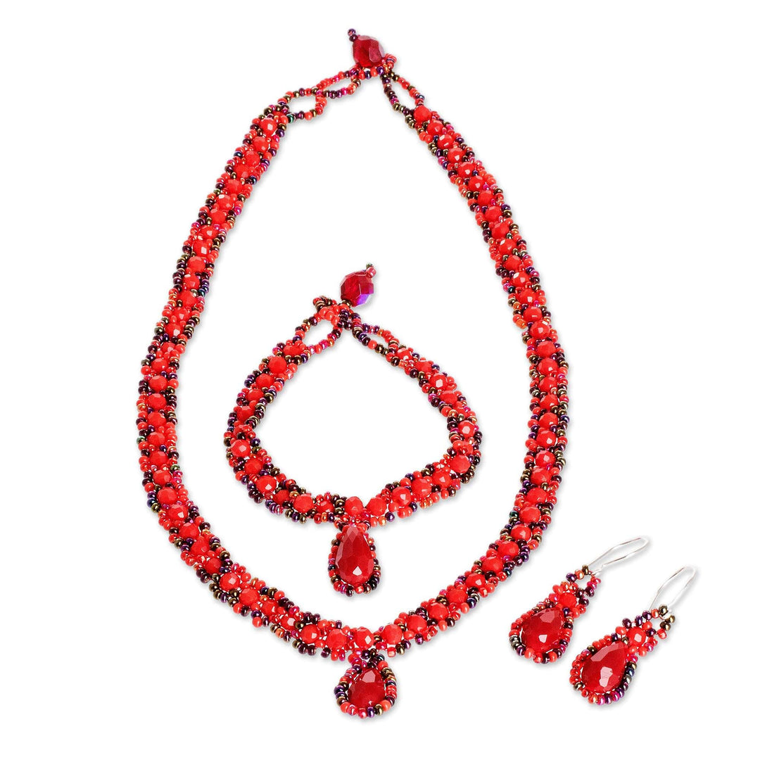 Beaded Pendant Necklace Earrings and Bracelet Jewelry Set - Finesse in Red