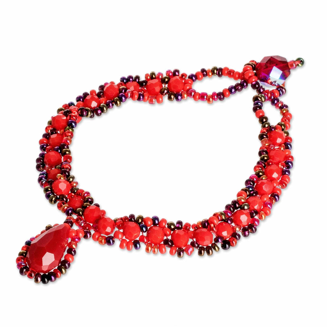 Beaded Pendant Necklace Earrings and Bracelet Jewelry Set - Finesse in Red
