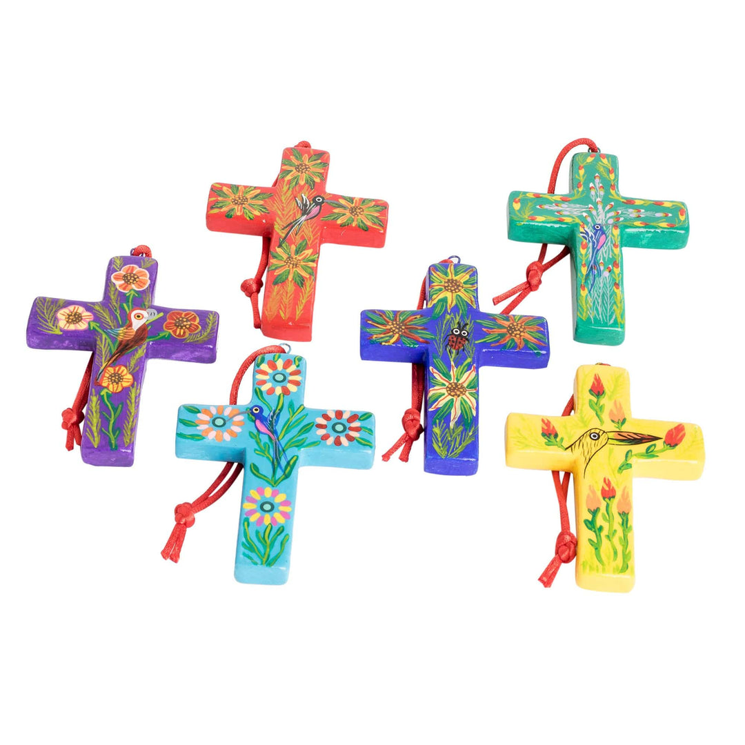 Handmade Ceramic Cross Christmas Ornaments Set of 6 - Floral Crosses