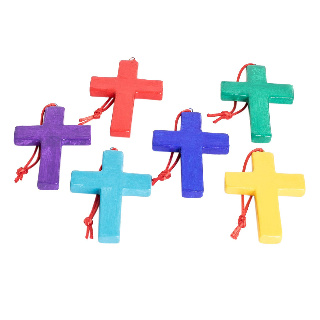 Handmade Ceramic Cross Christmas Ornaments Set of 6 - Floral Crosses