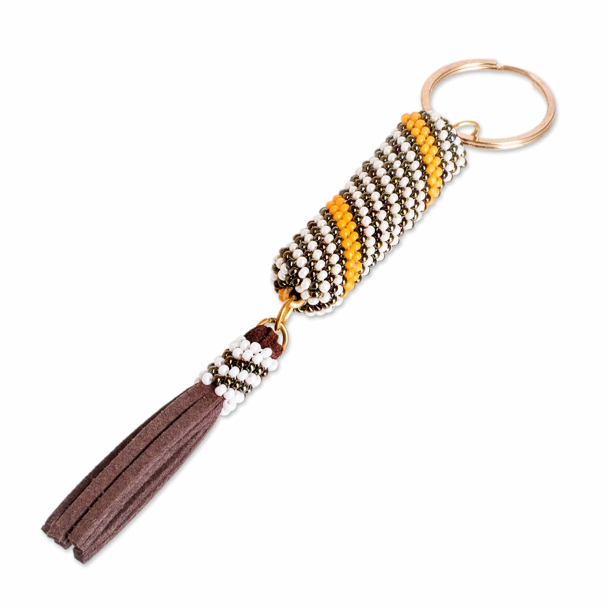 Beaded Leather Keychain and Bag Charm Handmade in Guatemala - Bright Light