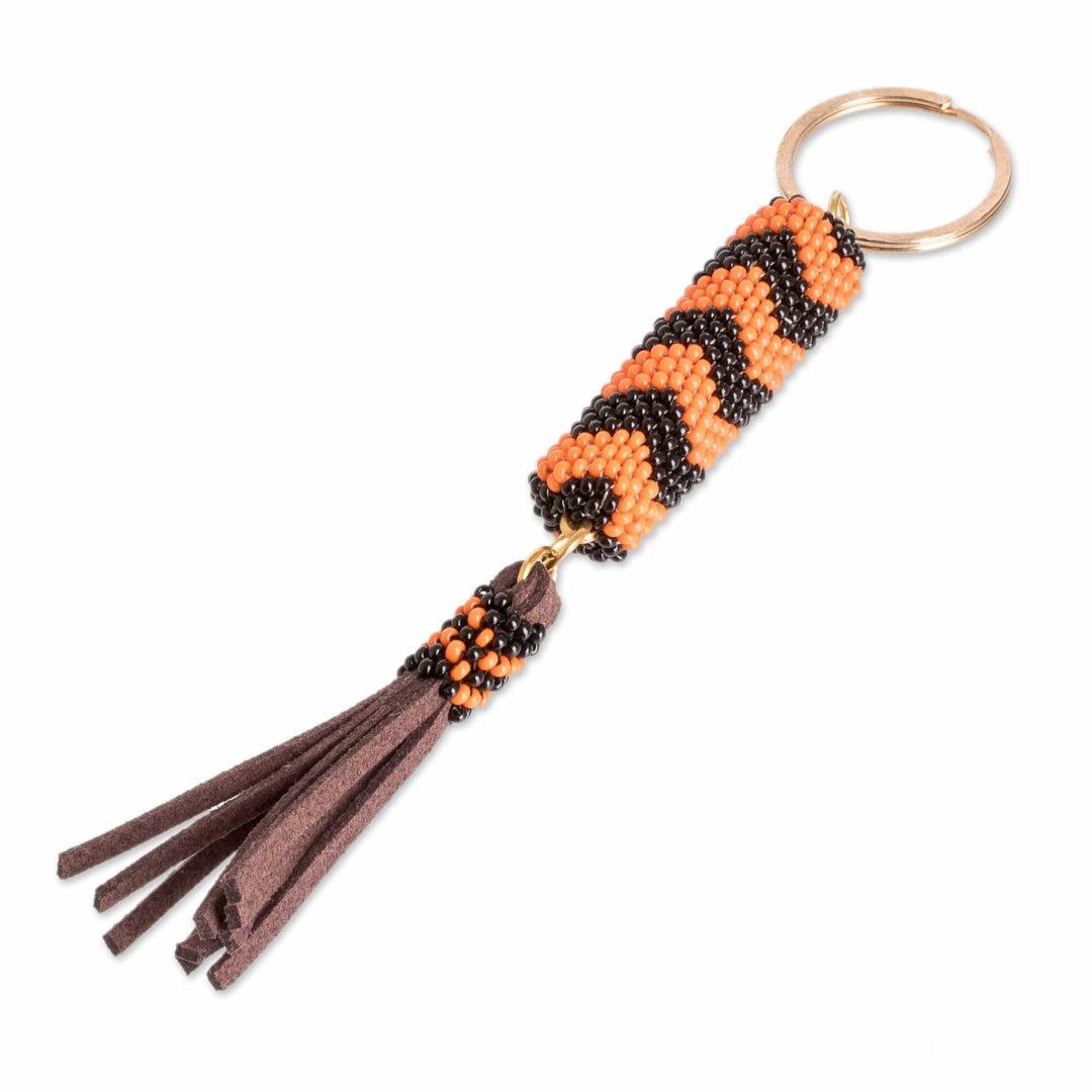 Beaded Leather Keychain and Bag Charm Handmade in Guatemala - Energizing Sunset
