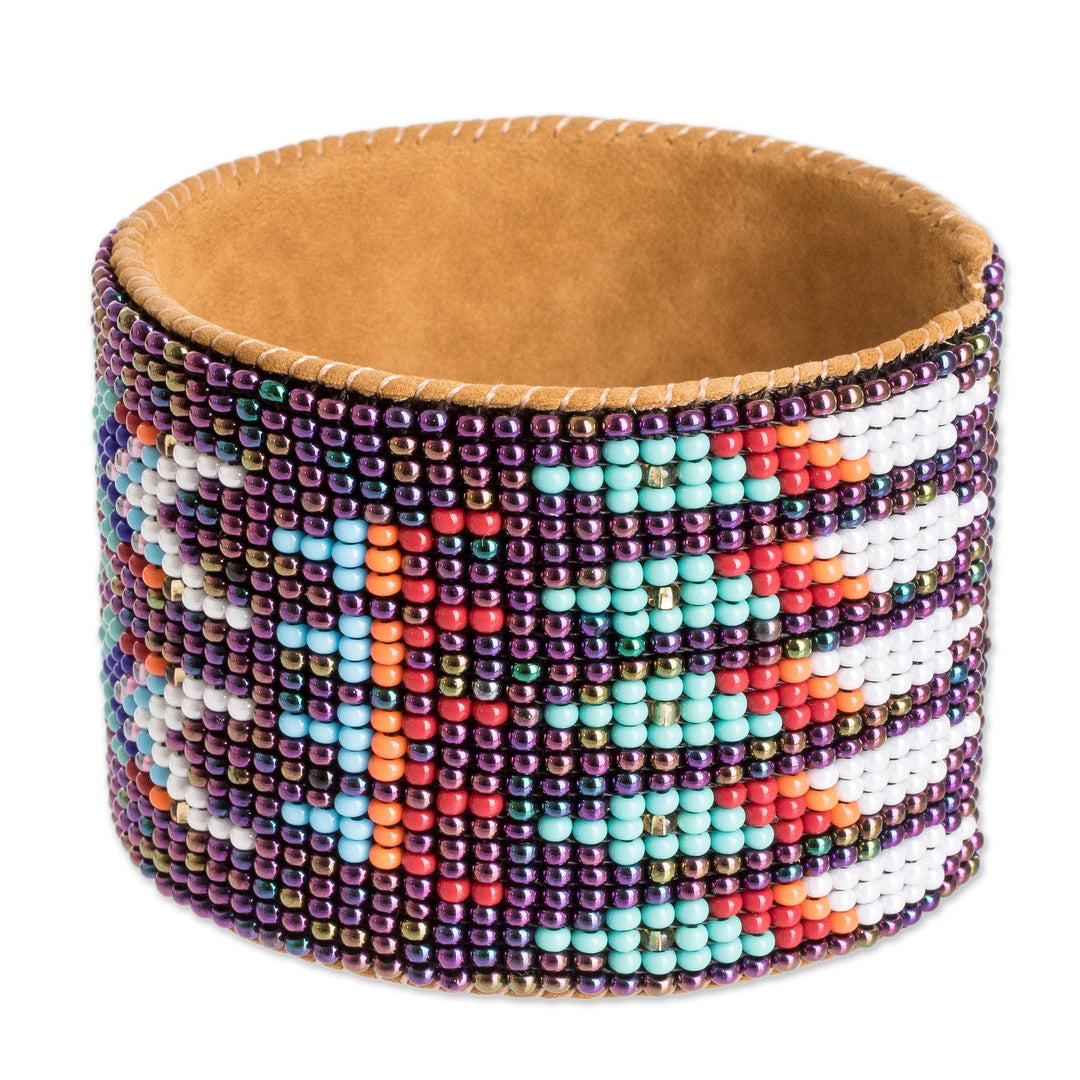 Beaded Leather and Suede Cuff Bracelet - Ancestral Patterns