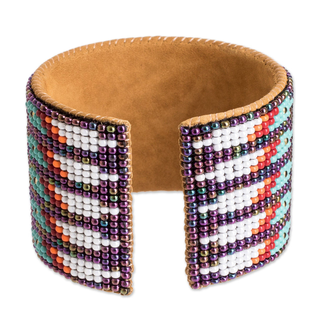 Beaded Leather and Suede Cuff Bracelet - Ancestral Patterns