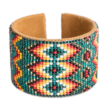 Beaded Leather and Suede Cuff Bracelet Handmade in Guatemala - Geometric Diversity