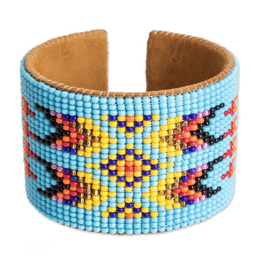 Beaded Leather and Suede Cuff Bracelet Handmade in Guatemala - Native Designs in Light Blue