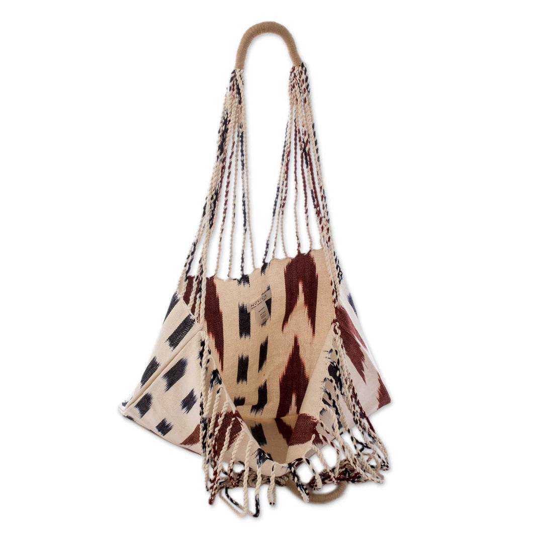 Hand-Woven Patterned Cotton Tote Bag in Ivory Blue and Brown - Casual Look