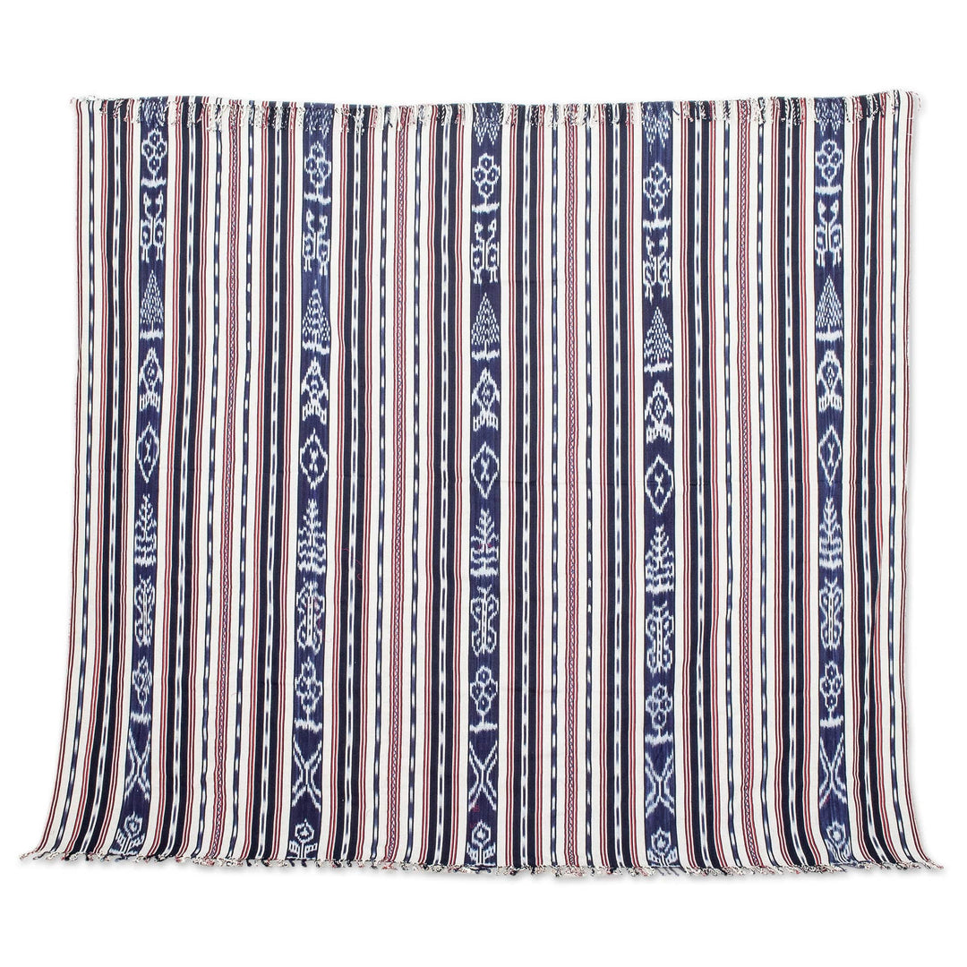 Blue and Red Hand-Woven Cotton Throw Blanket with Stripes - Fresh and Cool