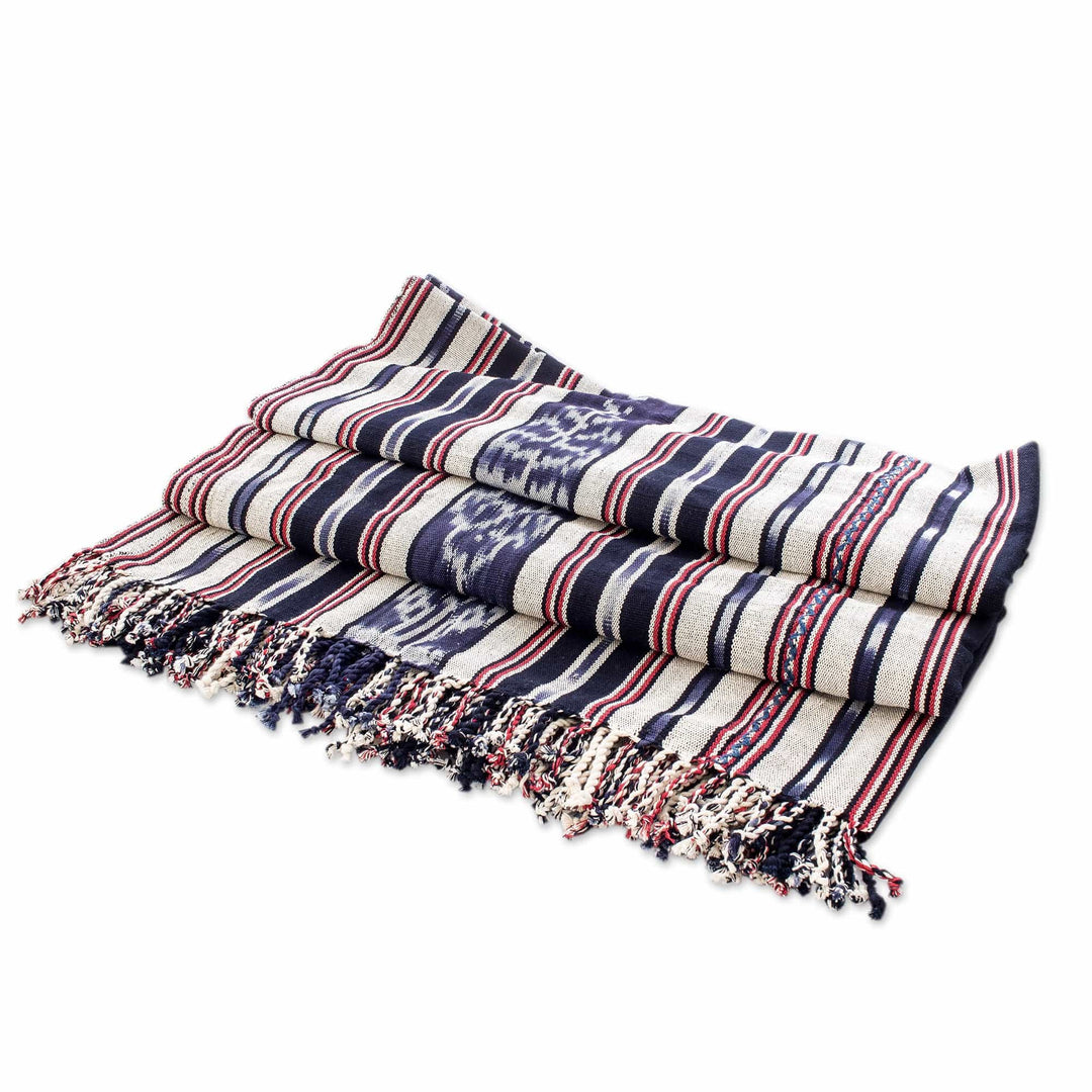 Blue and Red Hand-Woven Cotton Throw Blanket with Stripes - Fresh and Cool
