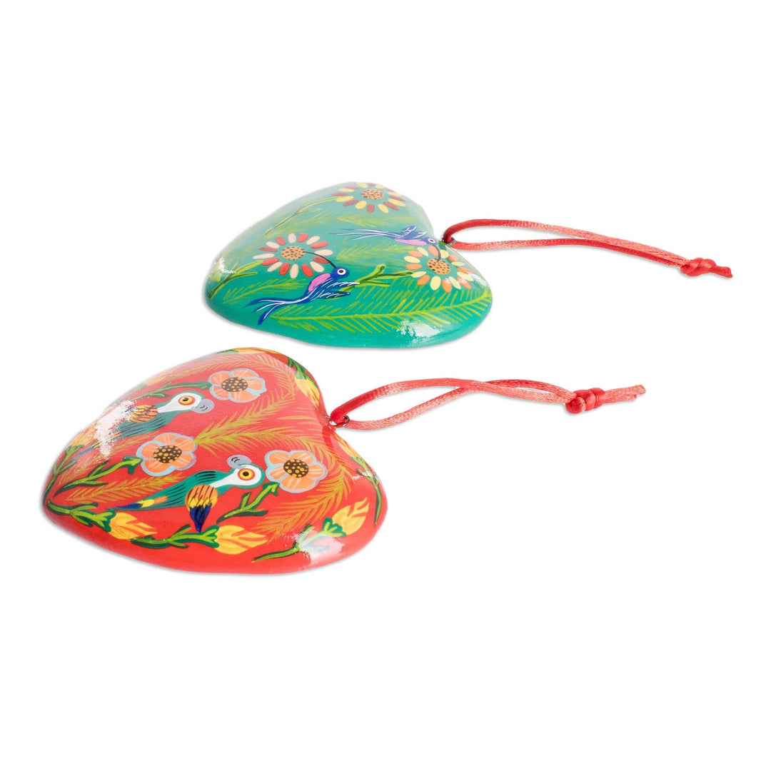 Set of 6 Hand-Painted Ceramic Ornaments with Cotton Bag - Hearts of Nature