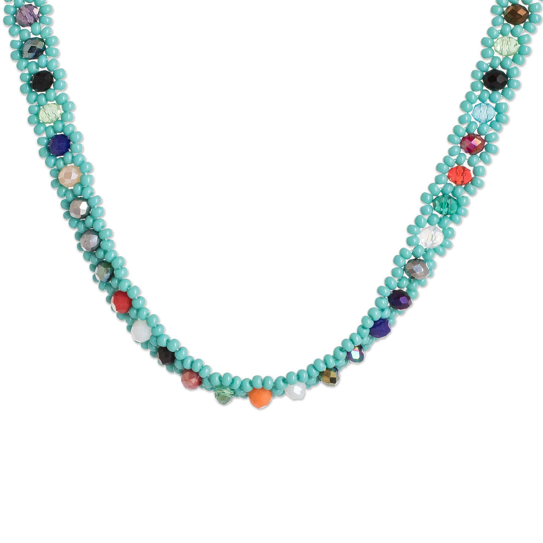 Turquoise Beaded Necklace with Crystals in a Rainbow Palette - Turquoise Magic
