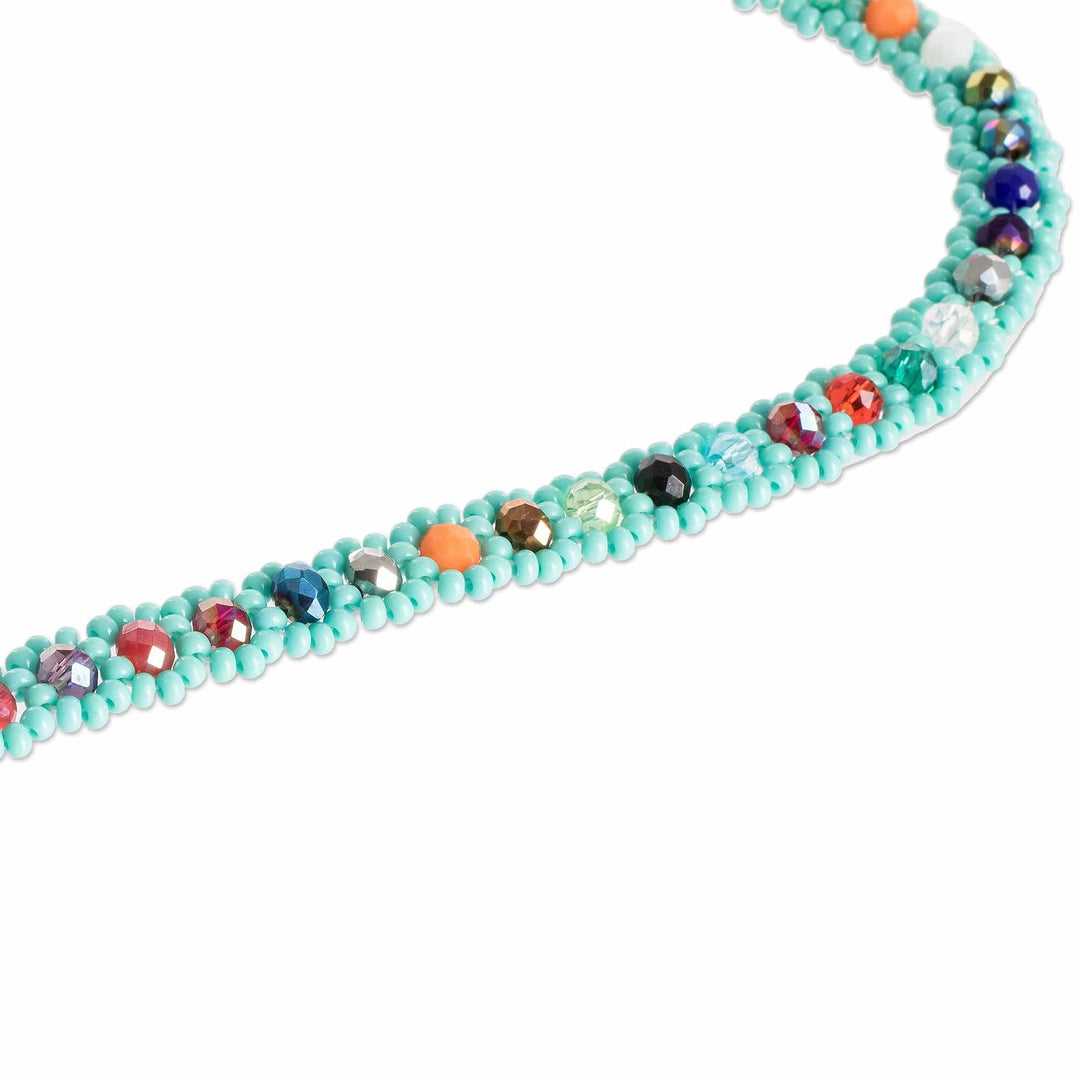 Turquoise Beaded Necklace with Crystals in a Rainbow Palette - Turquoise Magic