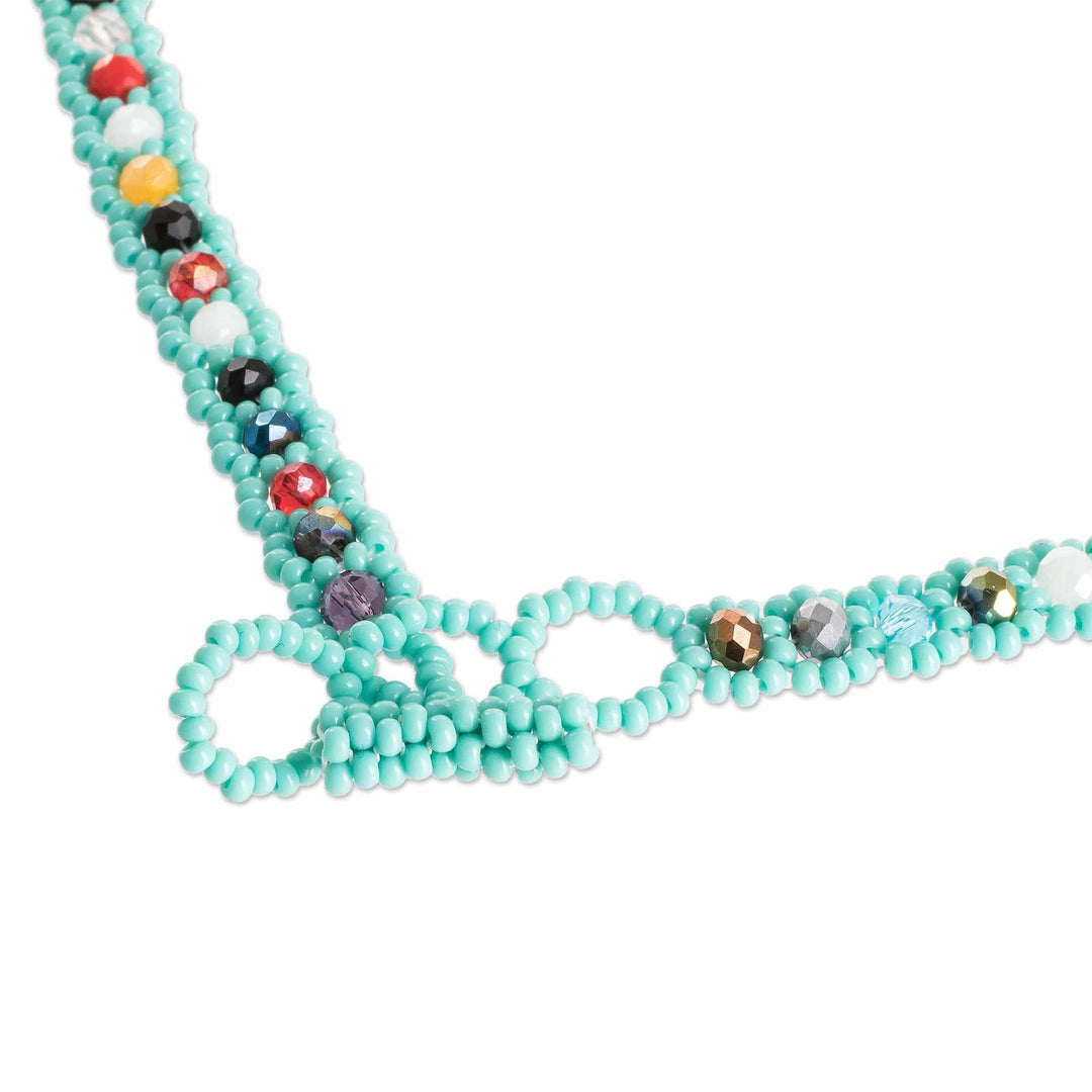 Turquoise Beaded Necklace with Crystals in a Rainbow Palette - Turquoise Magic