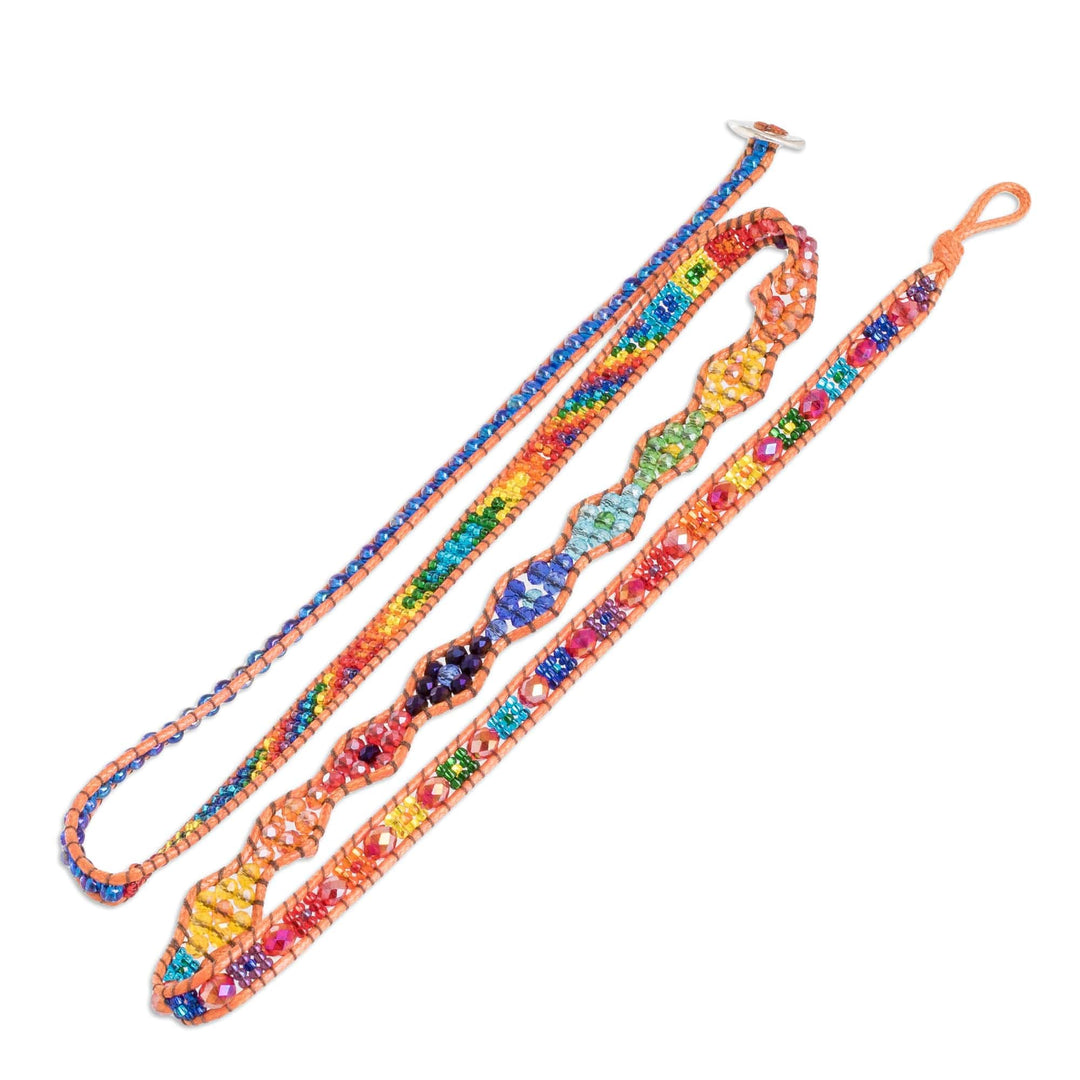 Crystal and Glass Beaded Wrap Bracelet with Orange Cord - Orange Synchrony