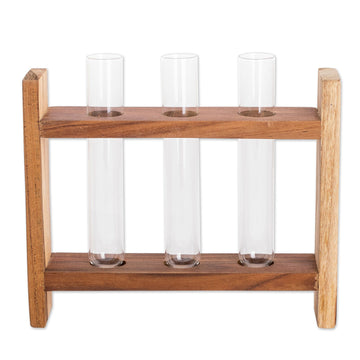 Teak Wood Stand with Glass Tube Vases from Guatemala - Home Delight