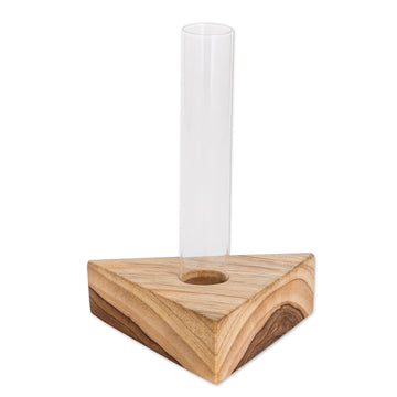 Glass Tube Vase with Teak Wood Stand Made in Guatemala - Home Glamour