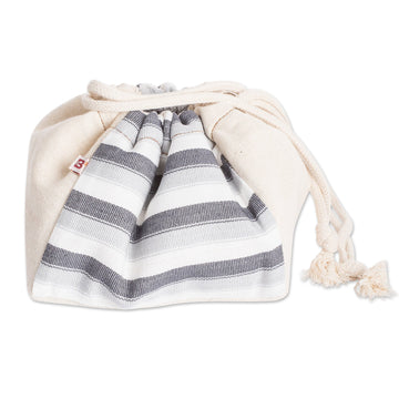 Hand-Woven Cotton Drawstring Toiletry Bag with Stripes - Fog