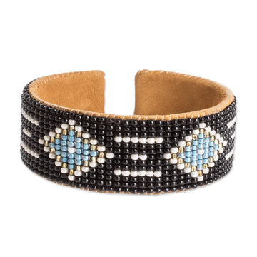 Black and Blue Glass Beaded Cuff Bracelet with Leather - Altar Diamonds