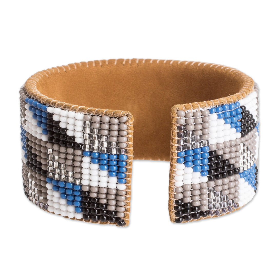 Modern Geometric Leather-Accented Glass Beaded Cuff Bracelet - Harmony Shapes