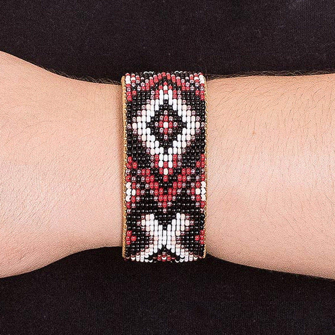 Traditional Red and Black Glass Beaded Cuff Bracelet - Fire's Union