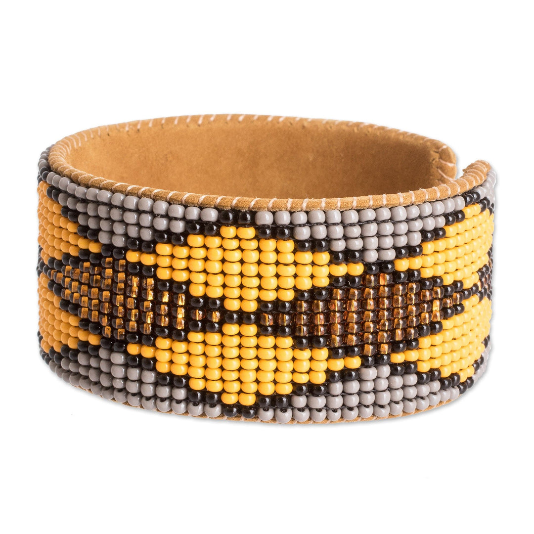 Warm Geometric Glass Beaded Cuff Bracelet with Leather - Sunny Geometry