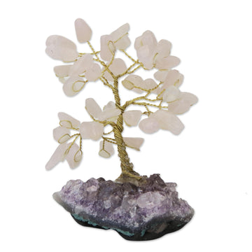 Rose Quartz Gemstone Tree with an Amethyst Base - Sweet Leaves