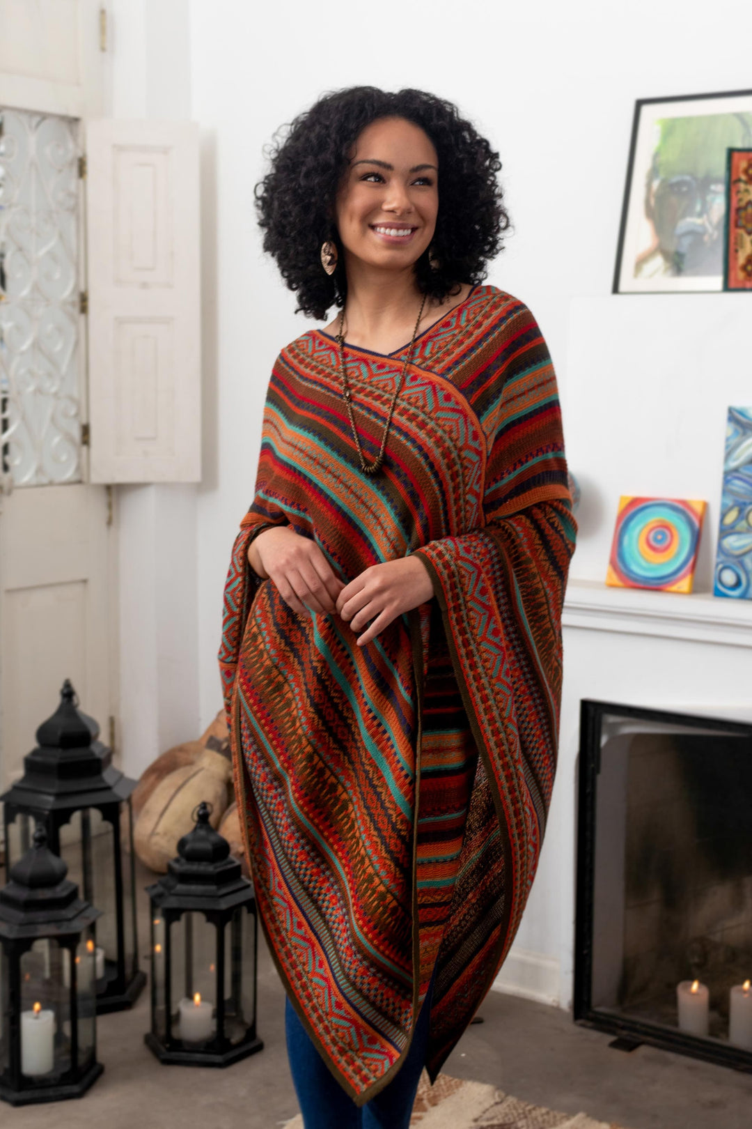 Acrylic Knit Poncho - Rivers of Red