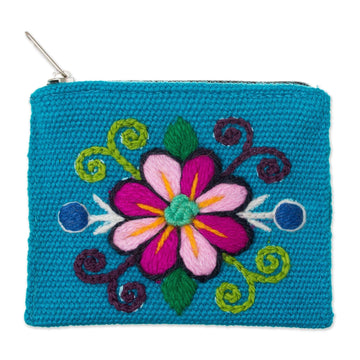 Embroidered Alpaca Blend Coin Purse - Floral Keeper in Turquoise