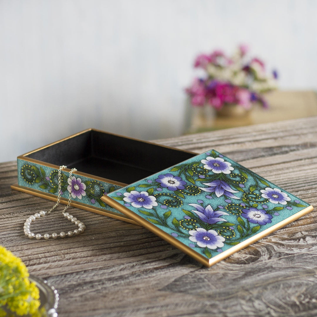 Reverse-Painted Glass Decorative Box - Margarita Bliss in Blue