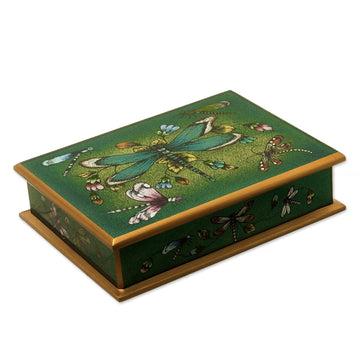Reverse-Painted Glass Dragonfly Box - Emerald Green Dragonfly Days