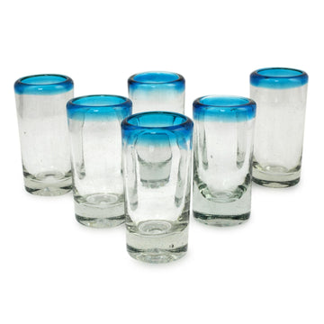 Hand Blown Mexican Tequila Shot Glasses Clear Set of 6 - Aquamarine