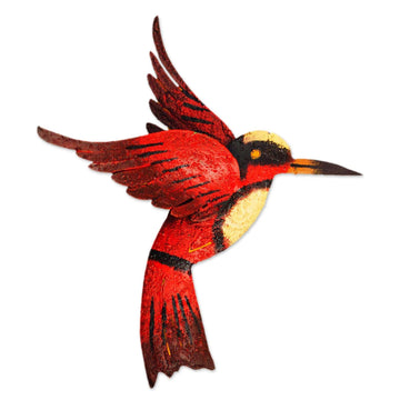 Unique Red Bird Wall Art Steel Sculpture from Mexico - Little Ruby Hummingbird
