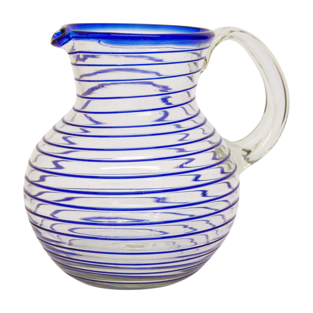 Handblown Recycled Glass Pitcher - Blue Spiral