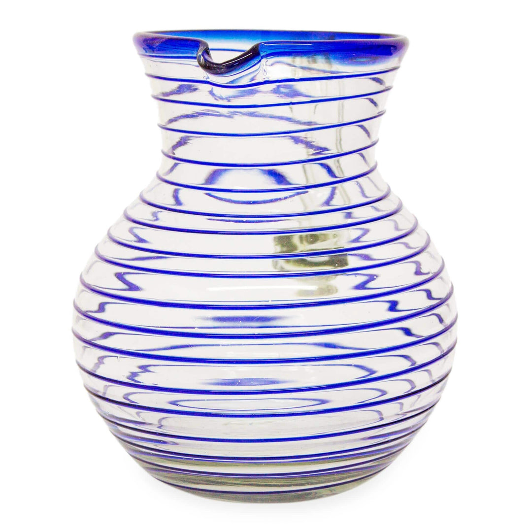 Handblown Recycled Glass Pitcher - Blue Spiral